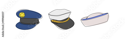 Set collection of police hat, pilot hat, and sailor hat. Editable line and colored. Vector illustration.