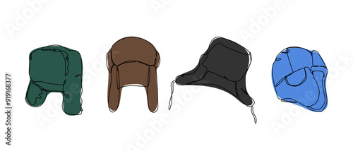 Set collection of winter trapper hat, earflaps cap, ushanka russian cap, fur hat. Editable line and colored. Vector illustration. photo