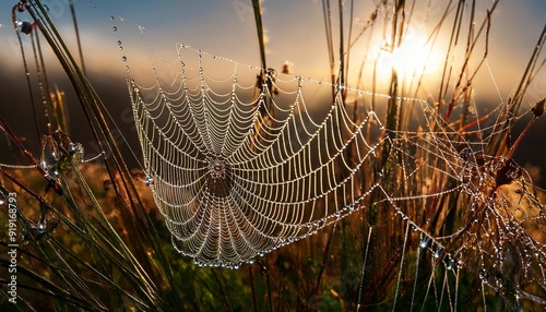 Close-up of dewdrops on spiderweb photo