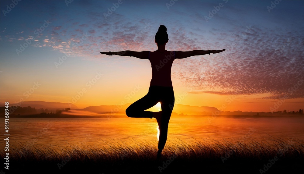 Silhouette of a person practicing yoga at sunrise Silhouette of a person practicing yoga at sunrise