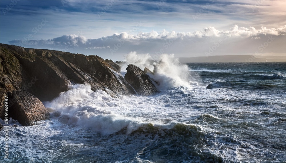 Stormy ocean waves crashing against rocks Stormy ocean waves crashing against rocks