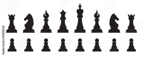 Chess flat silhouette icon set. Chess figures vector icons.