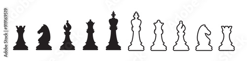 Chess flat and outline icon set. Chess figures vector icons.