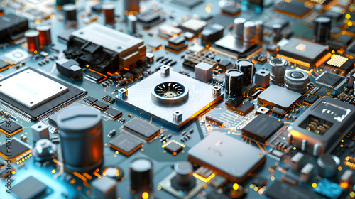 A close up of a computer circuit board with a city in the background 
 photo