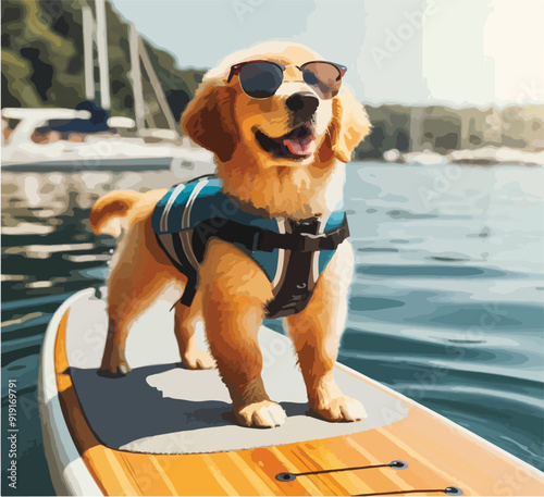 Stand Up Paddle Dog vector image illustration.