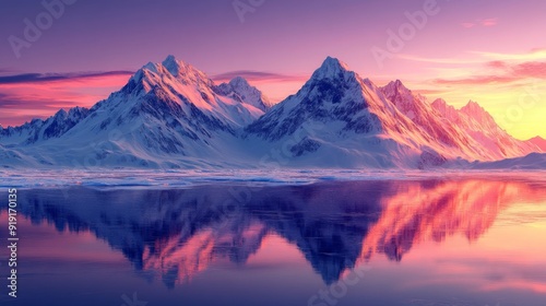 Mountain Range Reflecting in Calm Water at Sunset