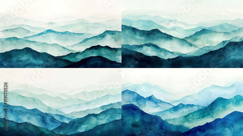 Watercolor ombre, soft blues and greens of mountain landscapes, creating a serene and majestic gradient