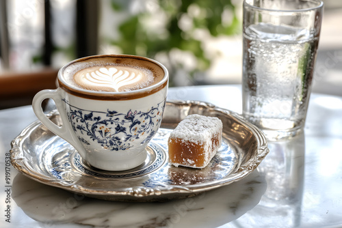 Rich Greek coffee with frothy crema, served with Turkish delight on a marble table in a cozy cafe. Soft sunlight and warm ambiance.