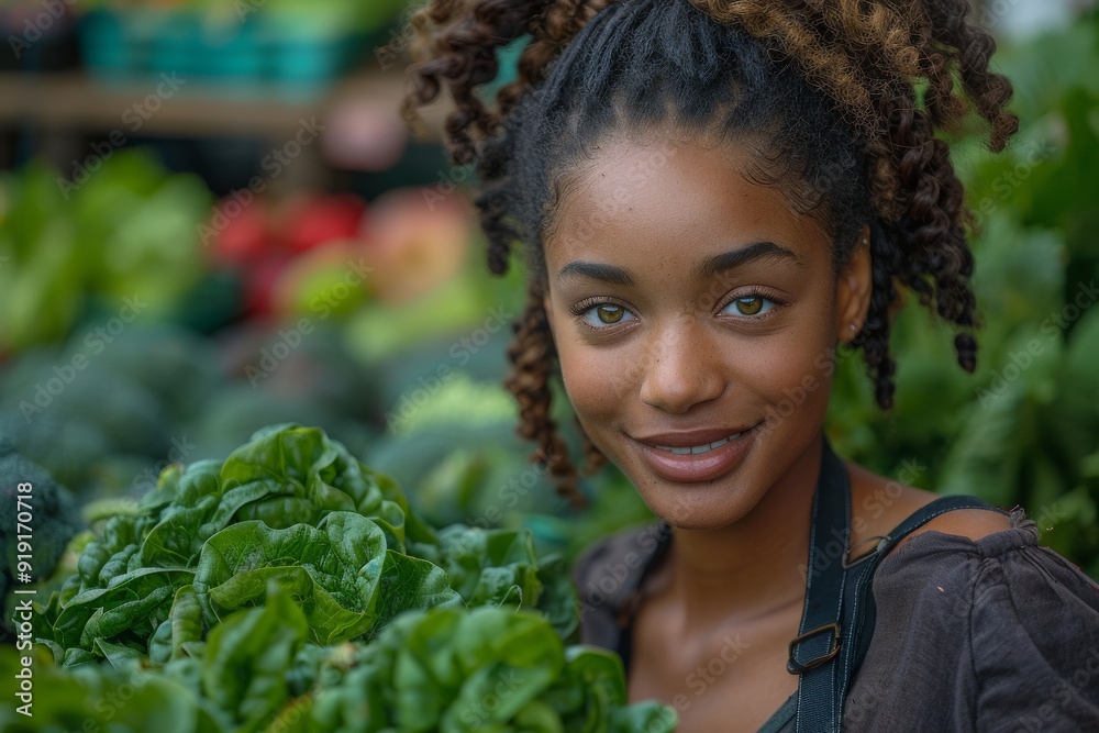 A beautiful girl at a vegetable fair. Generative AI A beautiful girl at a vegetable fair. Generative AI