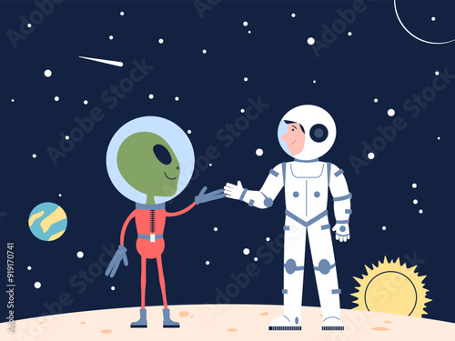 Astronaut and alien meeting. New style friendship, green ufo character and cosmonaut in space suits get acquainted on planet recent vector scene