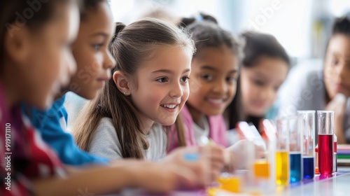 Elementary school students in a bright classroom focusing intently on a hands-on science experiment with a teacher guiding them the excitement and curiosity in their expressions reflect the joy of