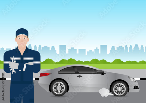 A Mechanic is Preparing to Fix Broke Down Car. Car Repairing and Maintenance Concept. Vector Illustration. 