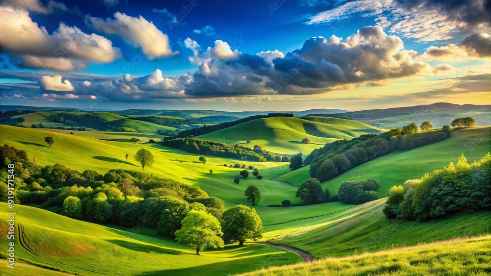 Fototapeta premium Vibrant horizon stretches across serene blue sky, meeting lush green rolling hills, evoking a sense of peace and tranquility in this idyllic landscape scene.