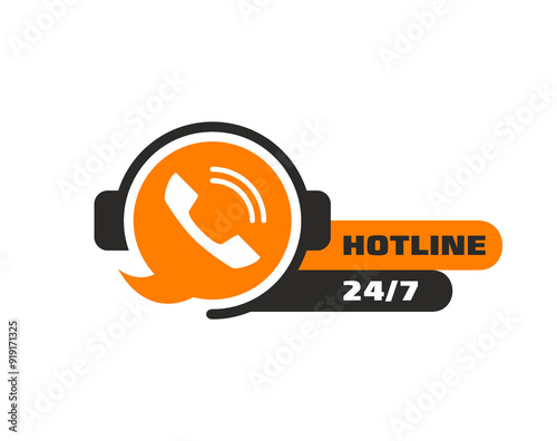 Call center, hotline help icon, customer support service symbol. Isolated vector phone tube inside of orange speech bubble with headset. Emblem of communication, assistant help and live interaction photo