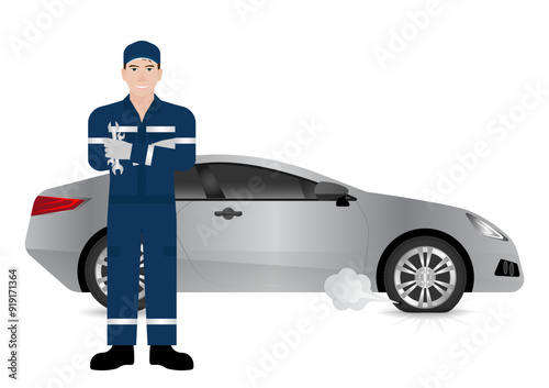 A Mechanic is Preparing to Fix Broke Down Car. Car Repairing and Maintenance Concept. Vector Illustration. 