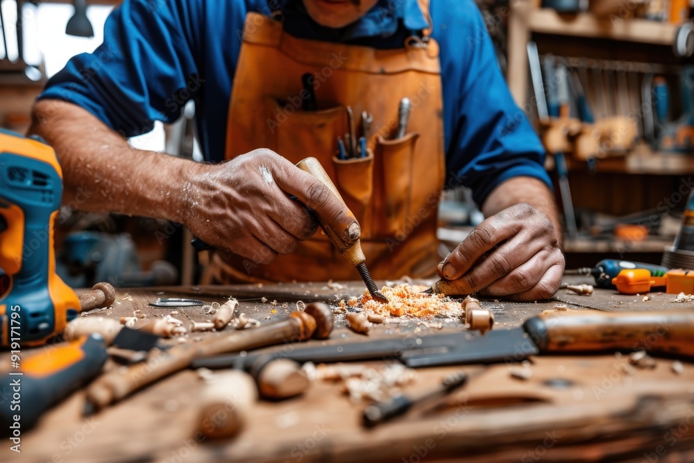 A close-up of a carpenter skillfully carving wood in a workshop, showcasing a variety of tools and wood shavings, representing craftsmanship, dedication, and art. A close-up of a carpenter skillfully carving wood in a workshop, showcasing a variety of tools and wood shavings, representing craftsmanship, dedication, and art.
