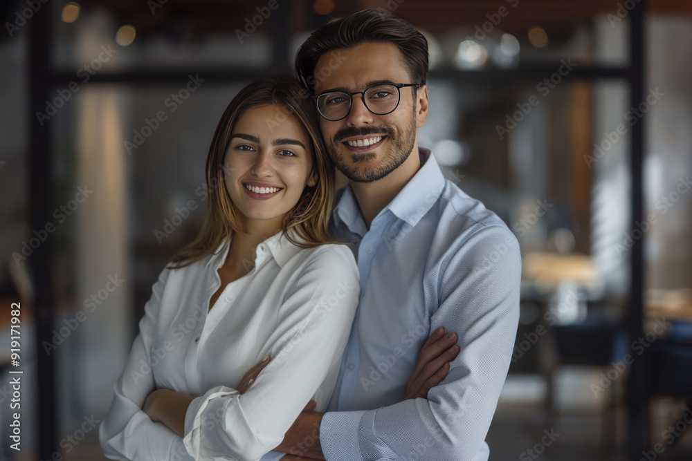 Successful business people shaking hands, against office environment in background Successful business people shaking hands, against office environment in background
