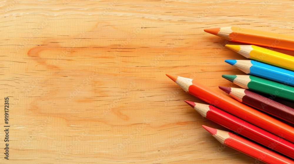 Obraz premium pencils on light yellow background wooden table