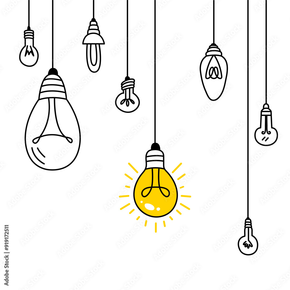 Idea concept with lamp bulbs. Yellow light bulb glowing, creative thinking and innovation. Glass bulb hang on rope, new mind classy vector concept Idea concept with lamp bulbs. Yellow light bulb glowing, creative thinking and innovation. Glass bulb hang on rope, new mind classy vector concept
