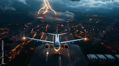An airplane landing during a storm with dramatic lightning in the background and city lights visible below.