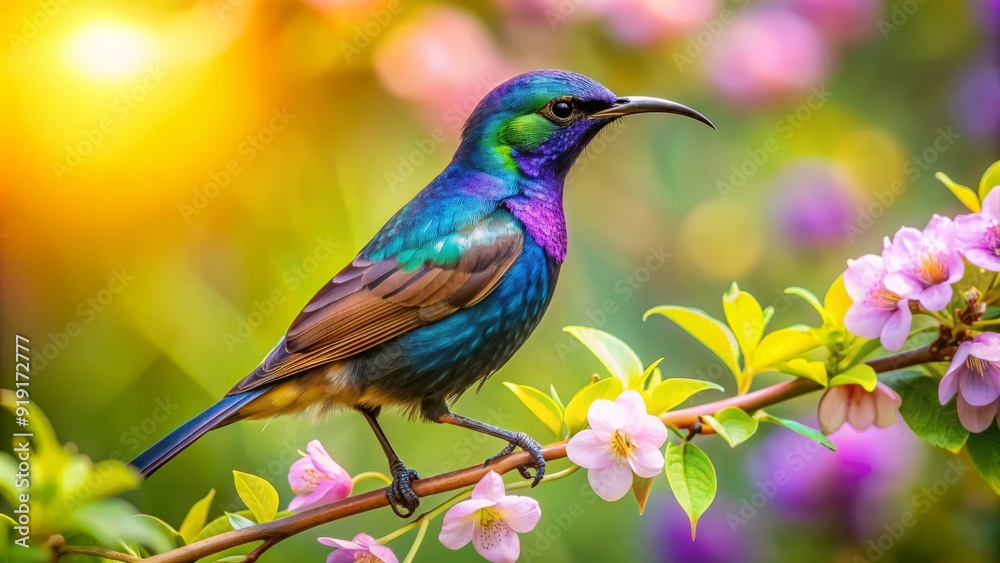 Fototapeta premium Vibrant purple sunbird perches on a delicate flower branch, its iridescent feathers glistening in the warm sunlight, surrounded by lush green foliage and soft focus background.