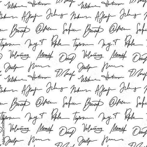 Signatures seamless pattern. Vintage paper with signatures, handwritten names background. Decorative paper, fabric racy vector print design