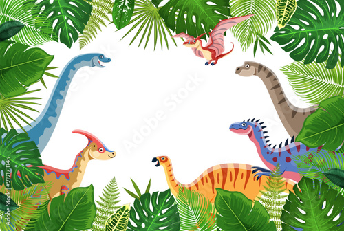 Tropical jungle frame and prehistoric cartoon dinosaurs. Jurassic dino animals vector frame borders with prehistoric forest palm tree and plant leaves. Cute parasaurolophus, pteranodon, camptosaurus