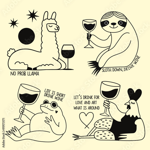 Vector illustration with llama, sloth, frog and chicken with wine and funny phrases. Humor animal print designs, greeting card set, tattoo templates