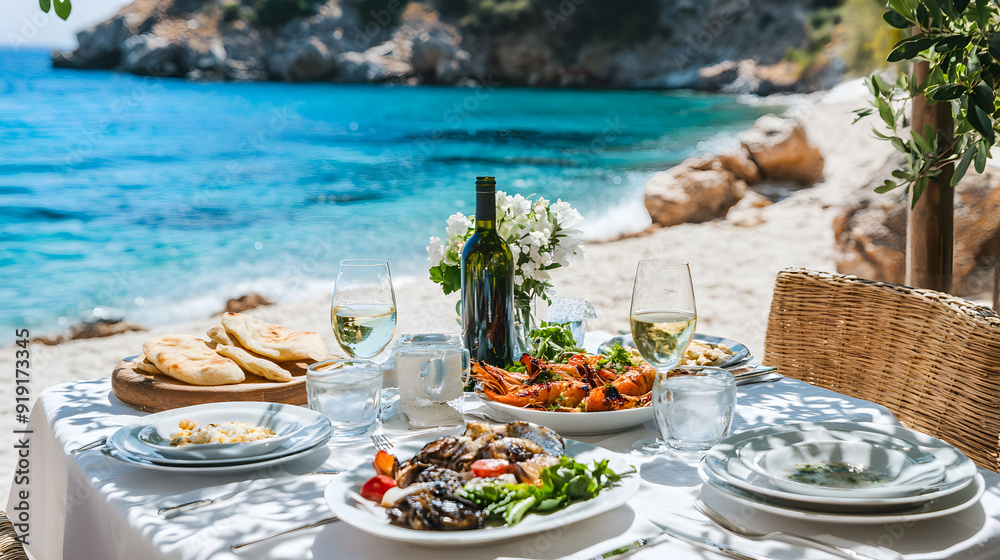 Obraz premium Romantic seaside dining on a Greek island beach. Sunset with traditional Greek dishes and breathtaking ocean views.