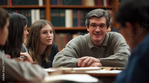 University students participating in a history seminar, discussing historical events and perspectives, a professor facilitating the conversation, the room filled with books and digital resources,