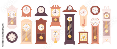 Cartoon vintage clocks. Old style clock with pendulum, decorative interior wooden accessories antique design. Flat watches racy vector set