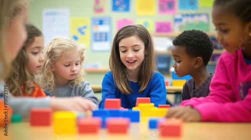 A group of elementary students participating in a hands-on math lesson, using manipulatives and interactive tools to solve problems, a teacher providing guidance and encouragement, the room filled