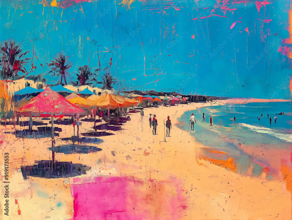 A beach scene with many umbrellas and people walking on the sand. Scene is relaxed and peaceful