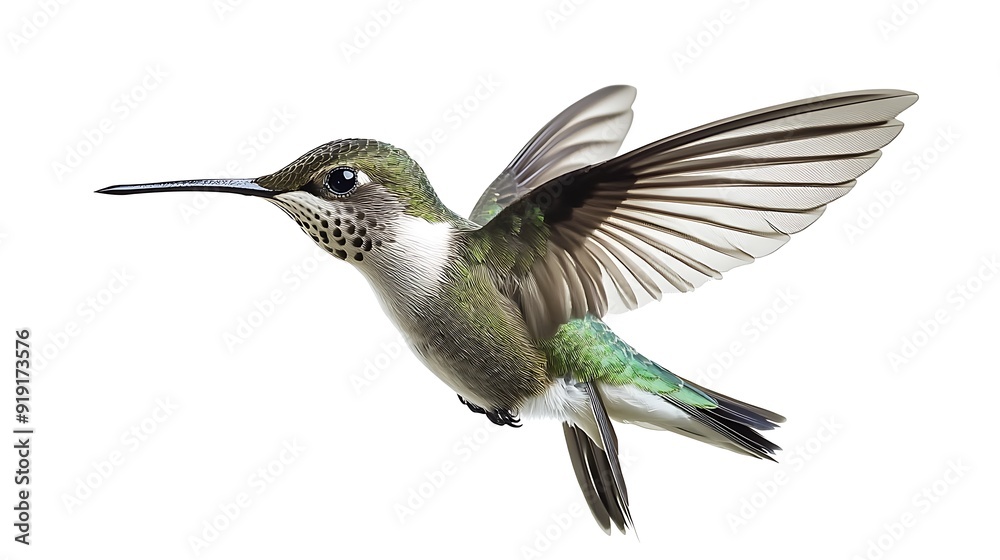 Hummingbird in Flight, Isolated on a White Background Hummingbird in Flight, Isolated on a White Background
