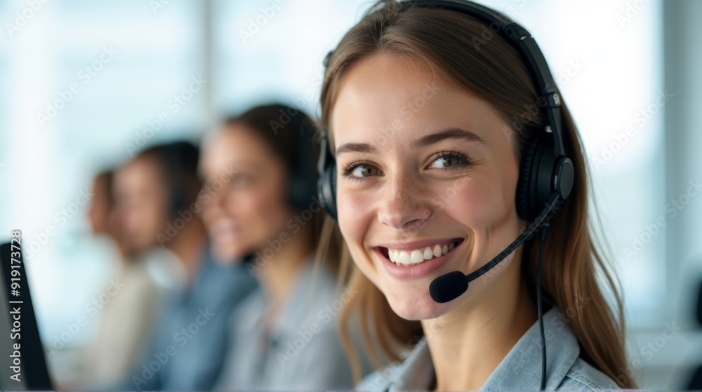 A smiling customer service representative with a headset, ready to assist, against the backdrop of a modern call center.