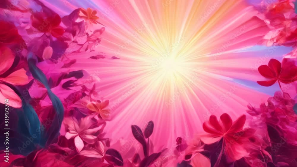 The image features an explosion of light at its core, framed by bright pink flowers, blending into a stunning display of energy and natural beauty The image features an explosion of light at its core, framed by bright pink flowers, blending into a stunning display of energy and natural beauty