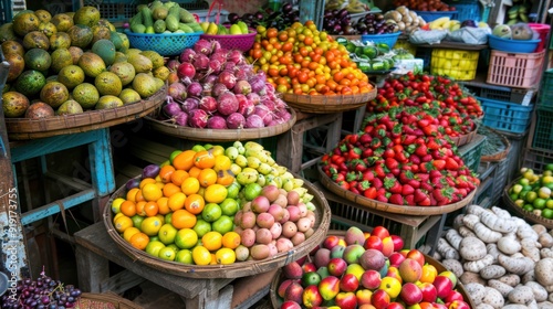 Vibrant Assortment of Fruits and Vegetables in a Market Stall