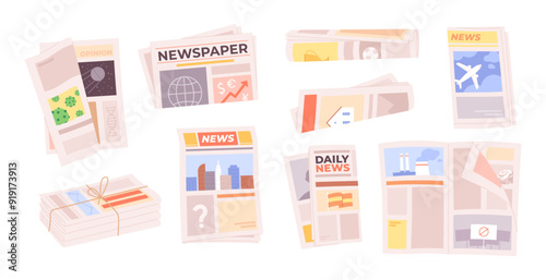Cartoon folded newspapers. Weekly daily periodicals with different news. Paper publications, isolated newspaper and tabloid, racy vector set