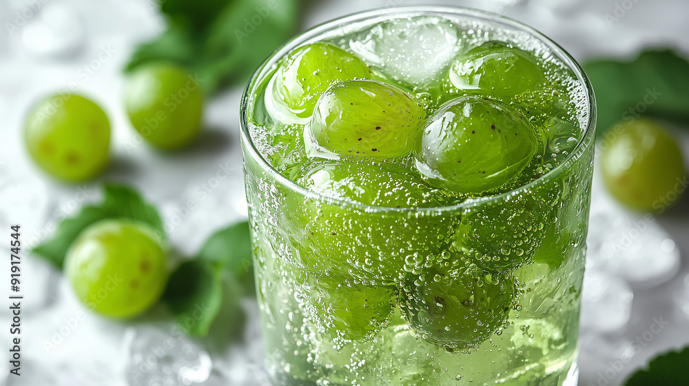 Green grape drink to green color, fizzy and refreshing on white background Green grape drink to green color, fizzy and refreshing on white background