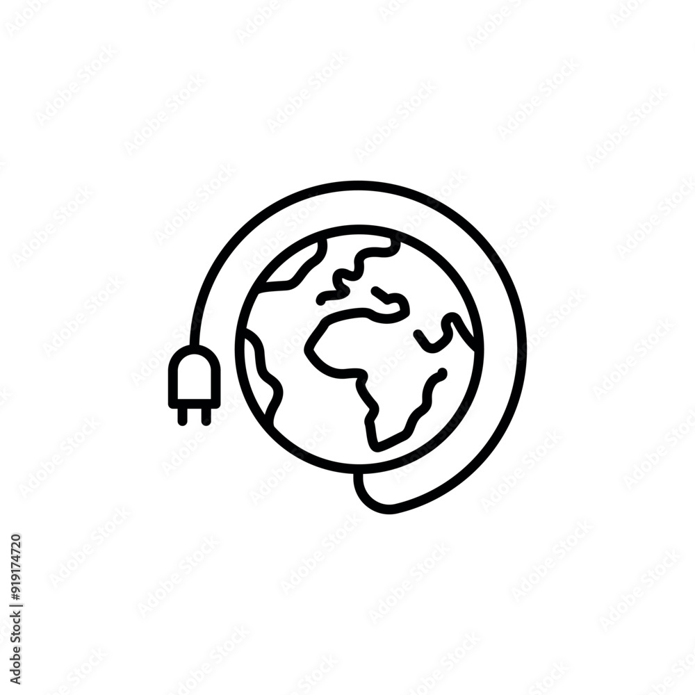 Global connectivity icon. A minimal line art icon featuring a globe encircled by a power cable. Ideal for use in content related to global networks, sustainable energy. Vector illustration. Global connectivity icon. A minimal line art icon featuring a globe encircled by a power cable. Ideal for use in content related to global networks, sustainable energy. Vector illustration.