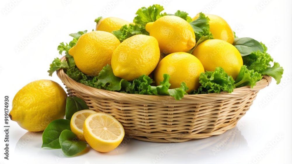 Vibrant yellow lemons and fresh leafy greens overflow from a woven basket, symbolizing a healthy and nutritious diet, against a clean white background. Vibrant yellow lemons and fresh leafy greens overflow from a woven basket, symbolizing a healthy and nutritious diet, against a clean white background.
