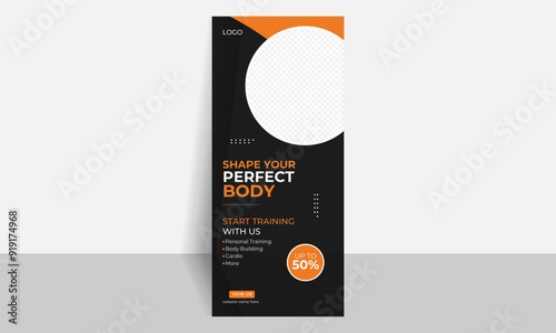 Fitness training rollup banner design template.