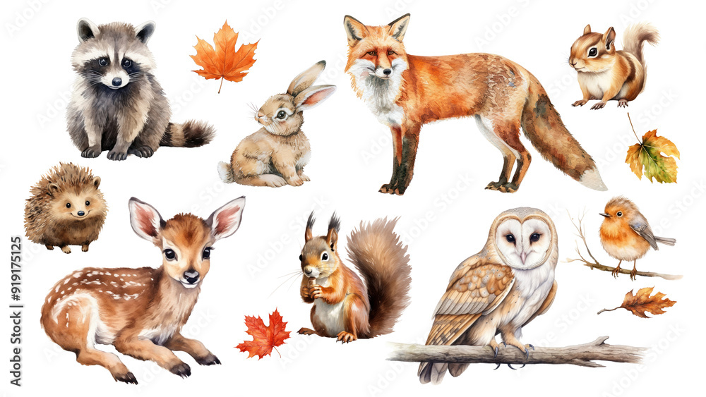 Obraz premium PNG watercolor animals in Autumn element set, transparent background
