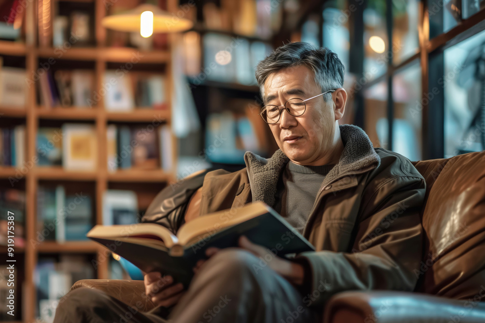Senior man enjoys a relaxing afternoon reading a book in a cozy bookstore, surrounded by literature Senior man enjoys a relaxing afternoon reading a book in a cozy bookstore, surrounded by literature