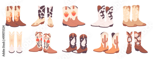 Cartoon cowboy boots. Stylish boot with floral ethnic ornaments. Fashion unisex shoes, traditional wild west style accessories, racy vector set