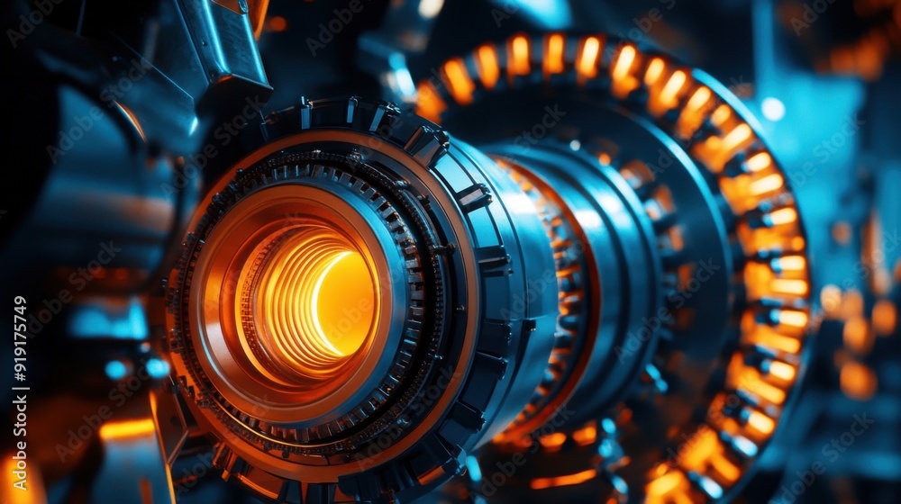 Fototapeta premium A close up of a machine with a glowing orange part