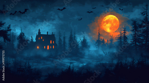 不気味な雰囲気の洋館、ハロウィンベクター素材