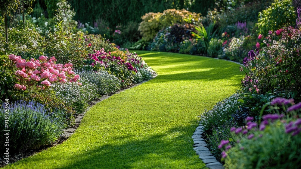 Obraz premium Beautiful green lawn bordered by a variety of blooming flowers and shrubs
