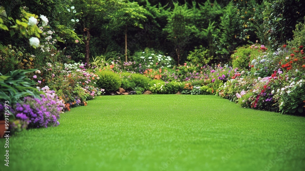 Obraz premium Beautiful green lawn bordered by a variety of blooming flowers and shrubs