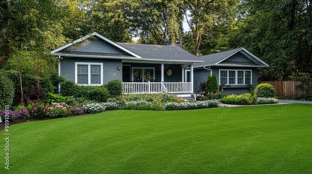 Beautiful green lawn by a one-story house with a white fence and flower beds Beautiful green lawn by a one-story house with a white fence and flower beds